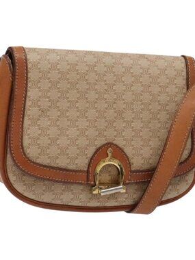Authentic CELINE Macadam Canvas Shoulder Bag Beige Gold